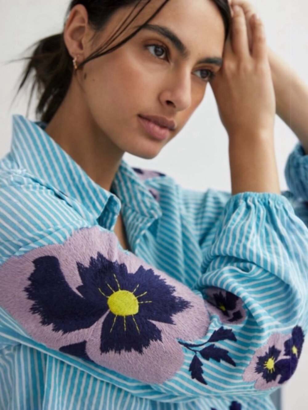 ANTHROPOLOGIE MAEVE PANSY EMBROIDERED STRIPE SHIRT - Picture 2 of 9